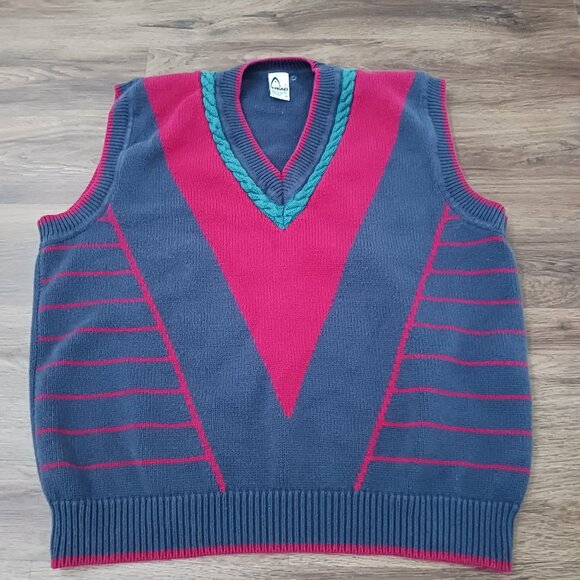Vintage HEAD Tennis Sweater Vest Mens Large Blue Knit Cotton Cricket Preppy - Picture 1 of 4